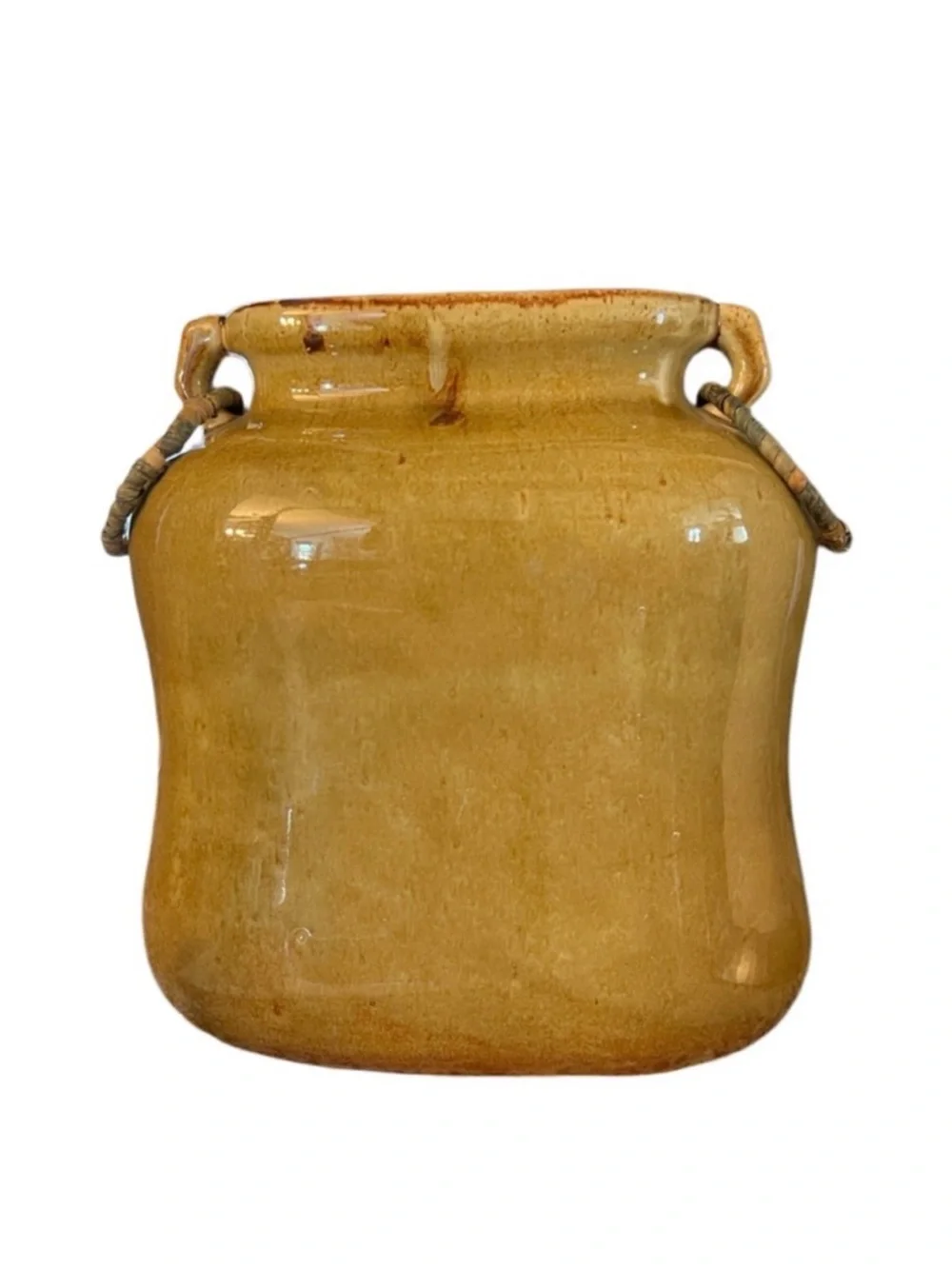 Rustic Glazed Stoneware Pottery Vase Farmhouse Decor Wicker Handles‎ Neutral